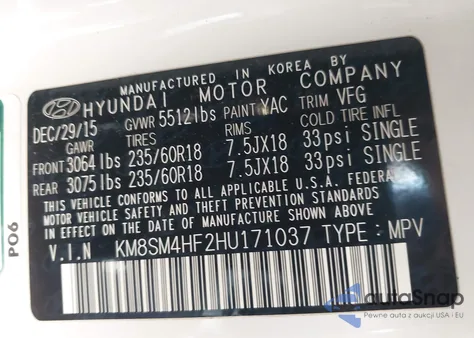 2017 Hyundai Santa Fe Se z USA, uszkodzony, nr VIN KM8SM4HF2HU171037